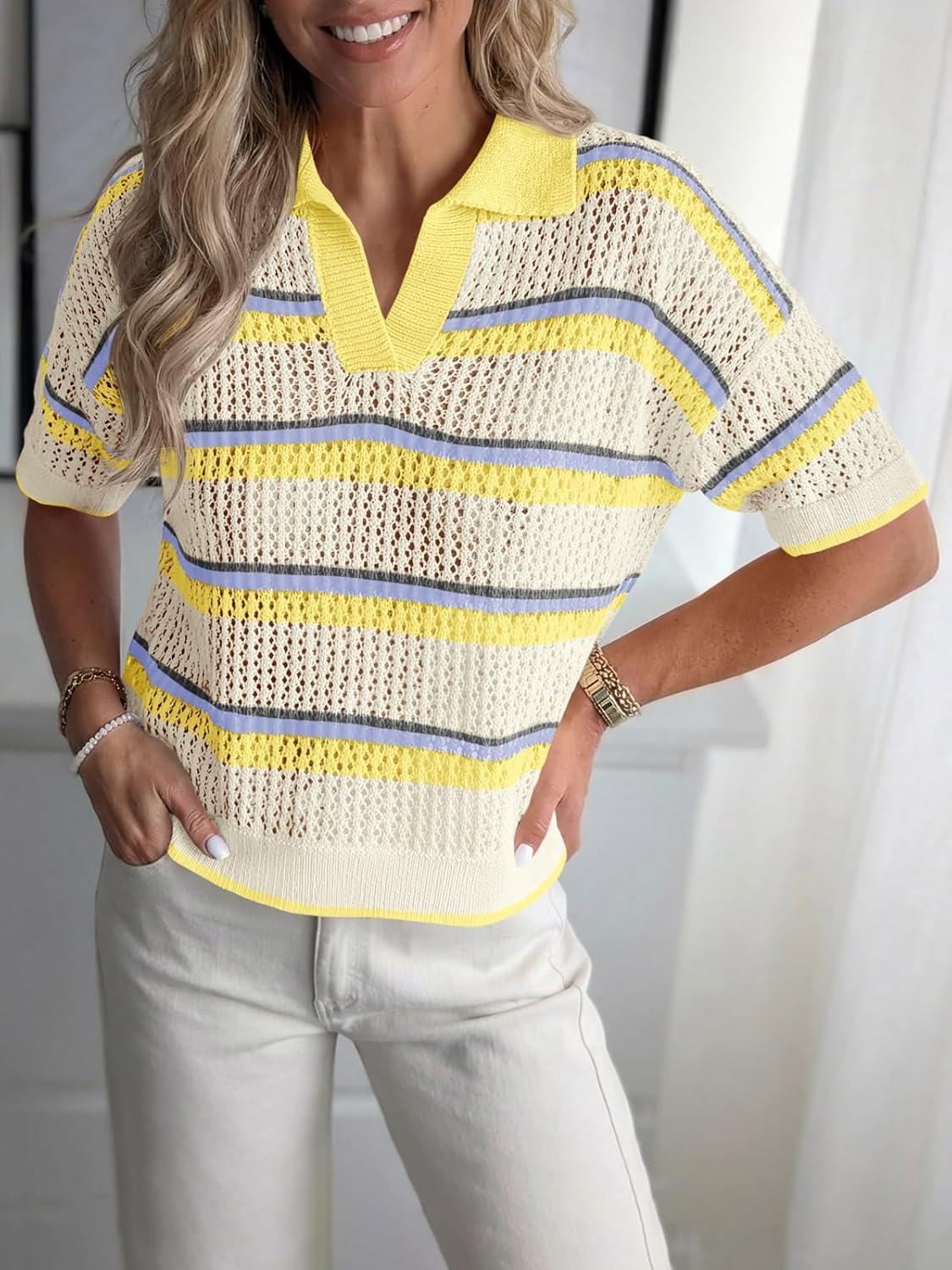 image:imageSaodimallsu Womens Crochet Tops Summer Short Sleeve Striped Pullover Sweater Collared Knit Shirts Cover Up TopYellow