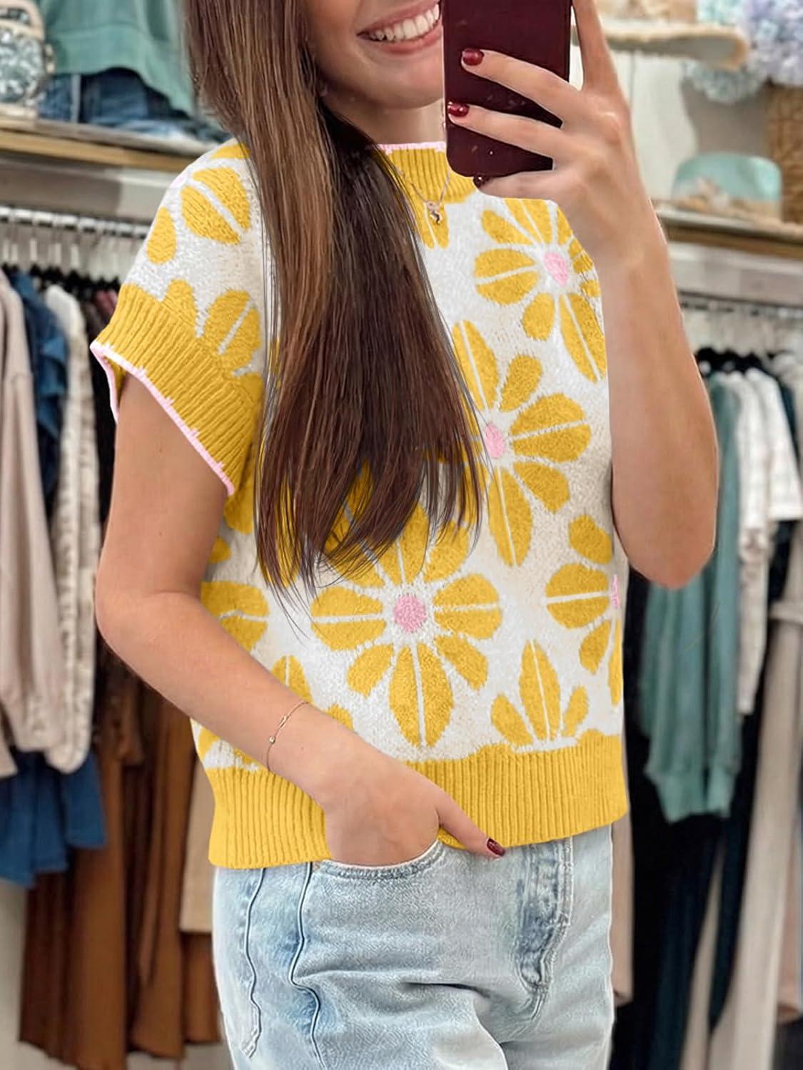 image:imageSaodimallsu Womens Floral Sweater Tops Short Sleeve Vintage Crew Neck Loose Knit Summer Pullover SweatersYellow