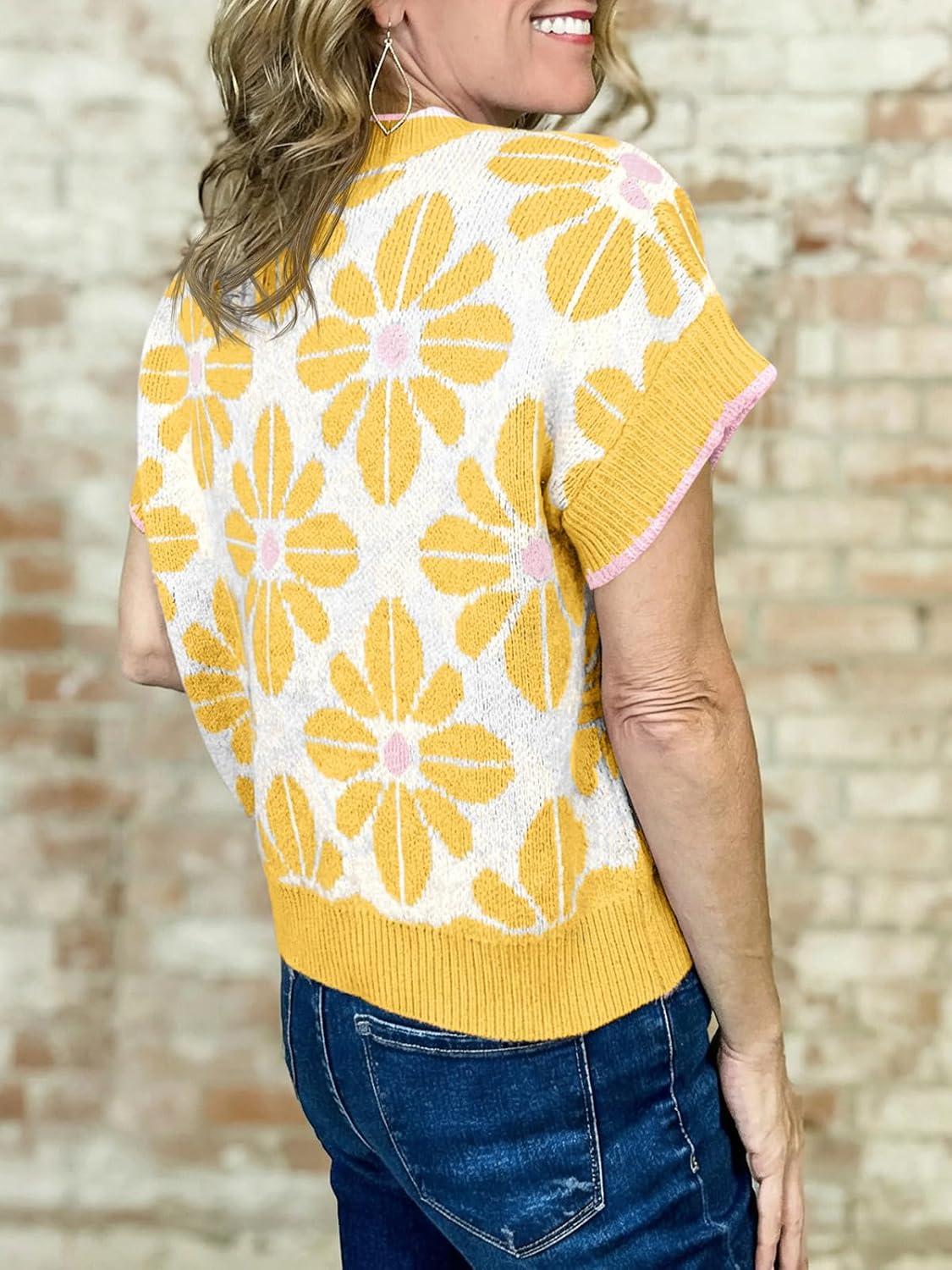 image:imageSaodimallsu Womens Floral Sweater Tops Short Sleeve Vintage Crew Neck Loose Knit Summer Pullover SweatersYellow