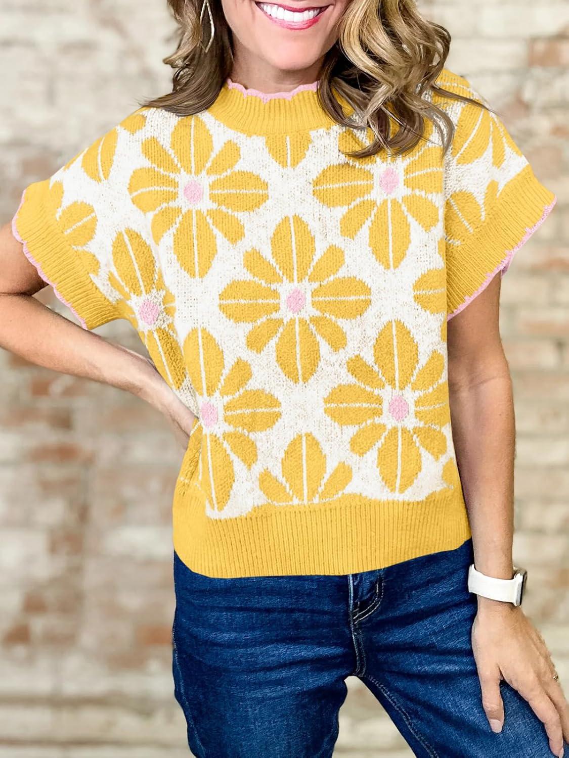 image:imageSaodimallsu Womens Floral Sweater Tops Short Sleeve Vintage Crew Neck Loose Knit Summer Pullover SweatersYellow
