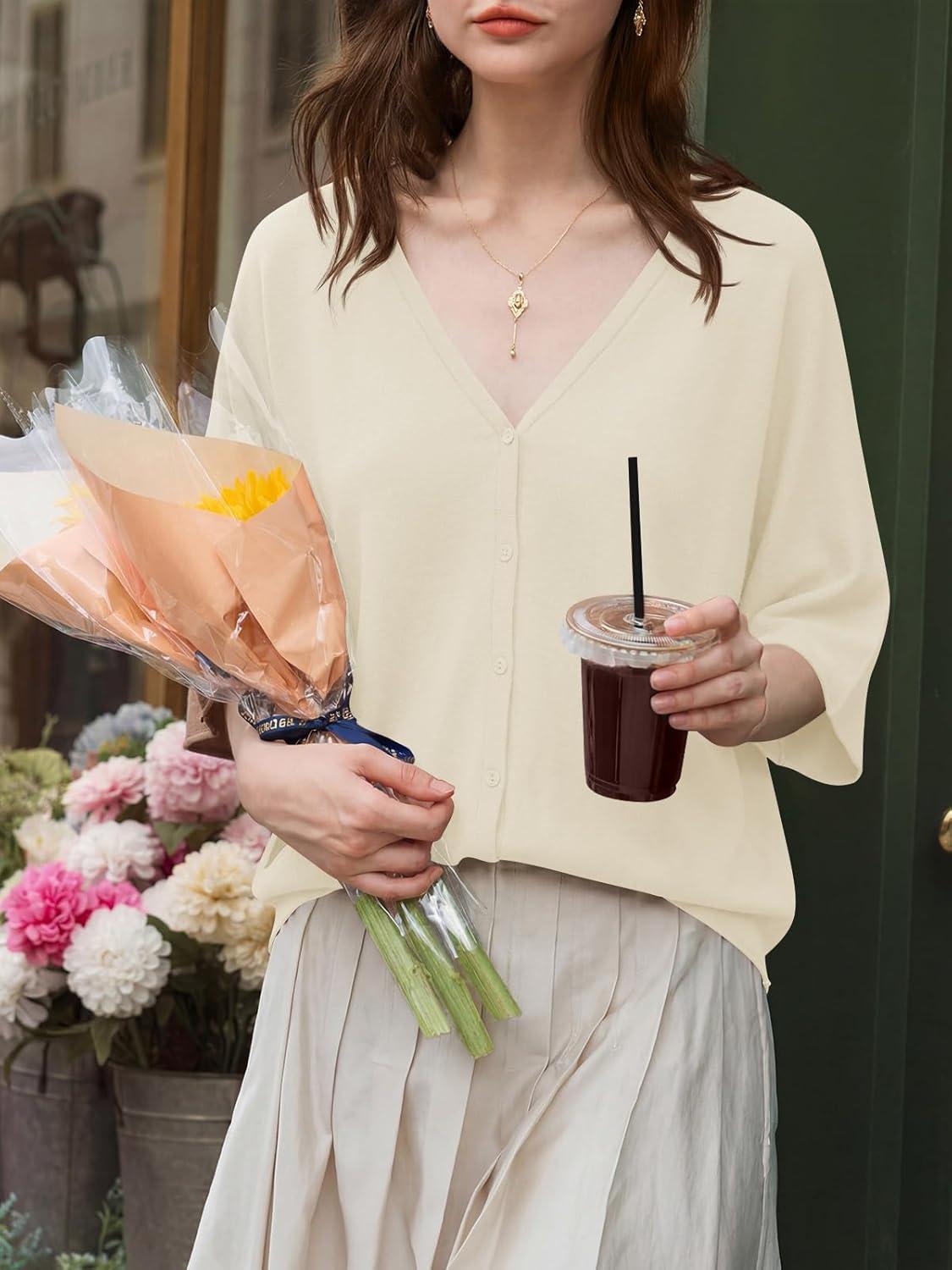 image:imageSaodimallsu Womens Oversized Cardigans Summer Batwing Half Sleeve Lightweight Knit Button V Neck Casual Sweater TopsApricot