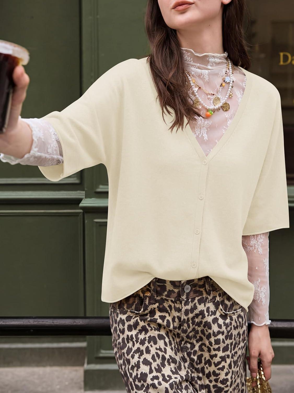 image:imageSaodimallsu Womens Oversized Cardigans Summer Batwing Half Sleeve Lightweight Knit Button V Neck Casual Sweater TopsApricot