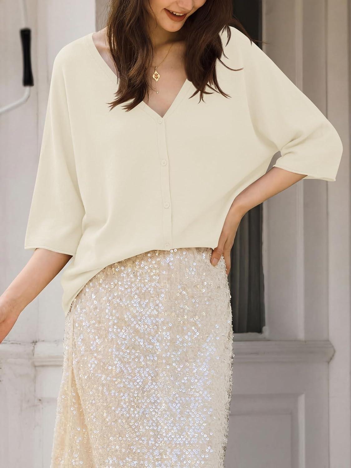 image:imageSaodimallsu Womens Oversized Cardigans Summer Batwing Half Sleeve Lightweight Knit Button V Neck Casual Sweater TopsApricot