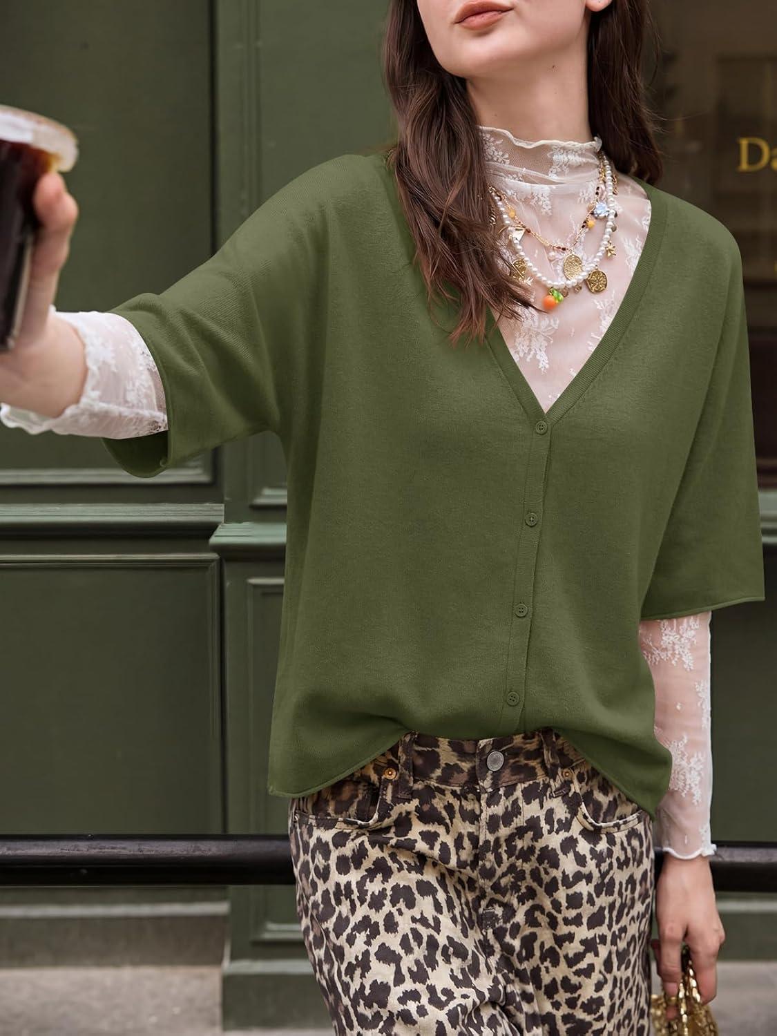 image:imageSaodimallsu Womens Oversized Cardigans Summer Batwing Half Sleeve Lightweight Knit Button V Neck Casual Sweater TopsArmy Green