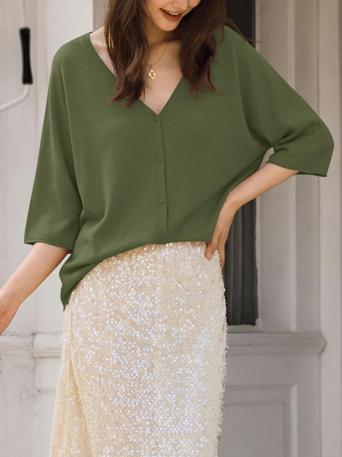 image:imageSaodimallsu Womens Oversized Cardigans Summer Batwing Half Sleeve Lightweight Knit Button V Neck Casual Sweater TopsArmy Green