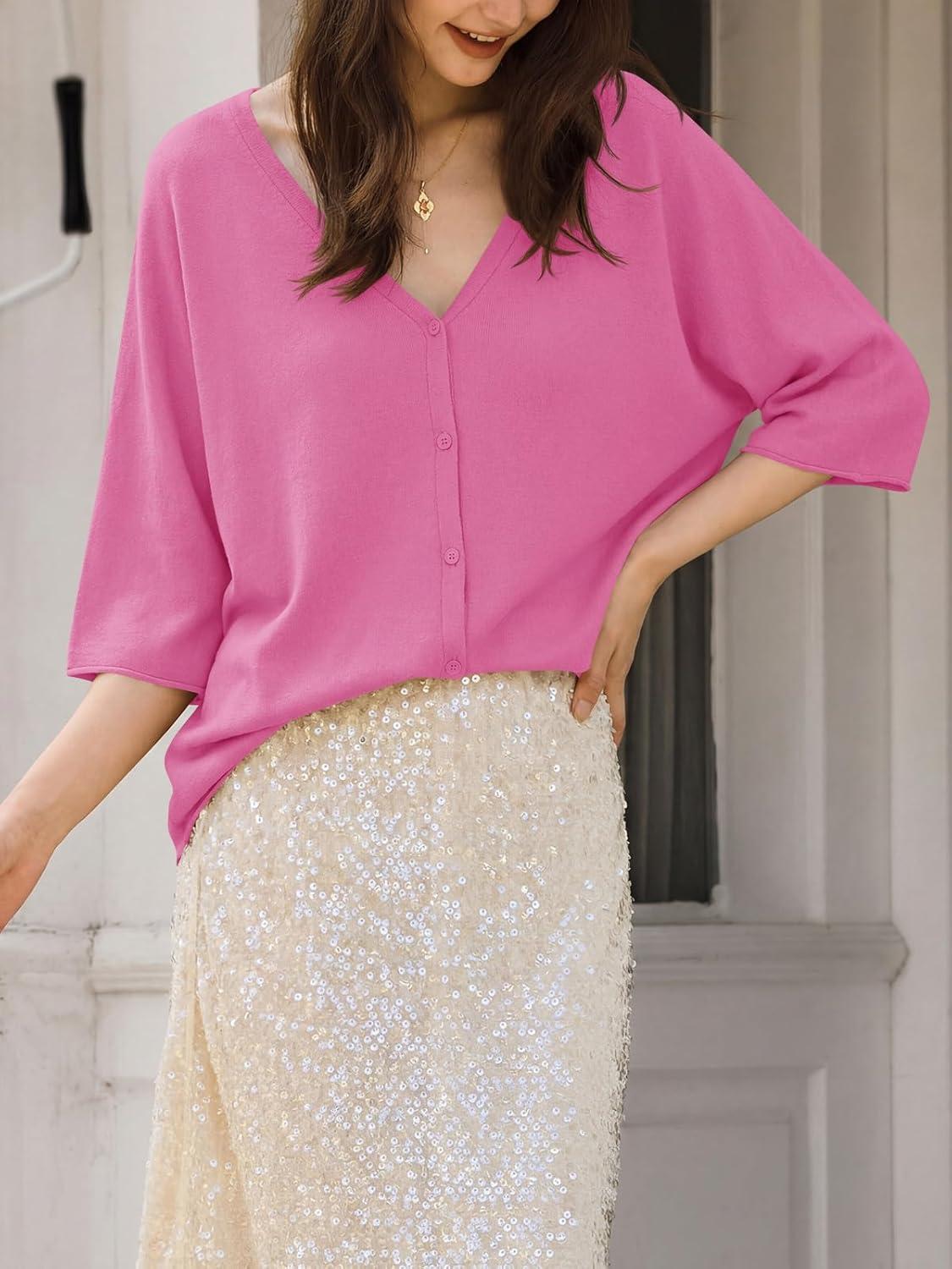 image:imageSaodimallsu Womens Oversized Cardigans Summer Batwing Half Sleeve Lightweight Knit Button V Neck Casual Sweater TopsBright Pink