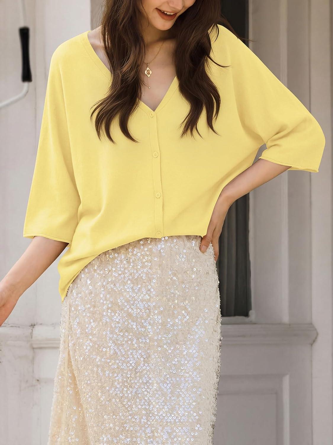 image:imageSaodimallsu Womens Oversized Cardigans Summer Batwing Half Sleeve Lightweight Knit Button V Neck Casual Sweater TopsYellow