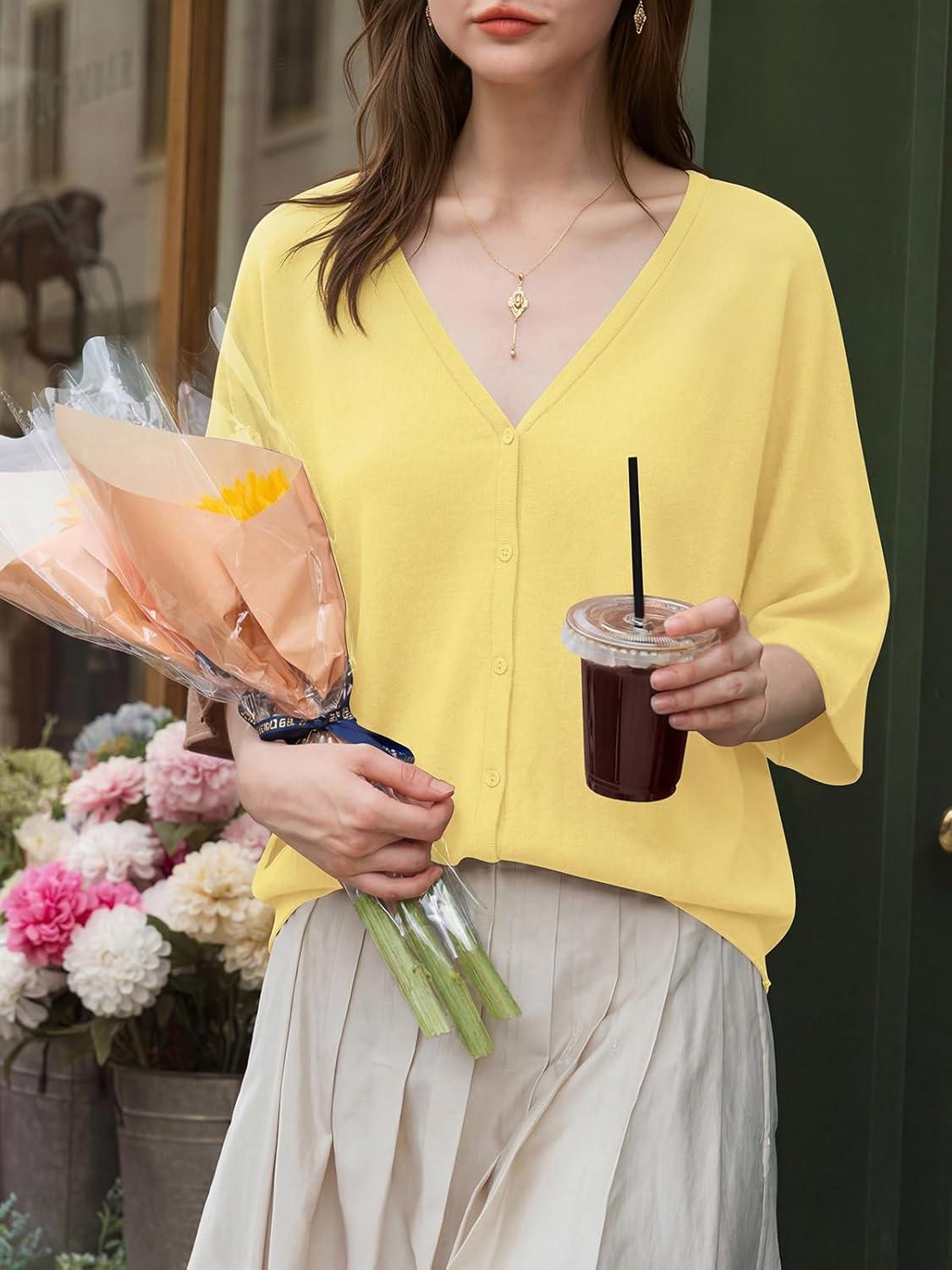 image:imageSaodimallsu Womens Oversized Cardigans Summer Batwing Half Sleeve Lightweight Knit Button V Neck Casual Sweater TopsYellow