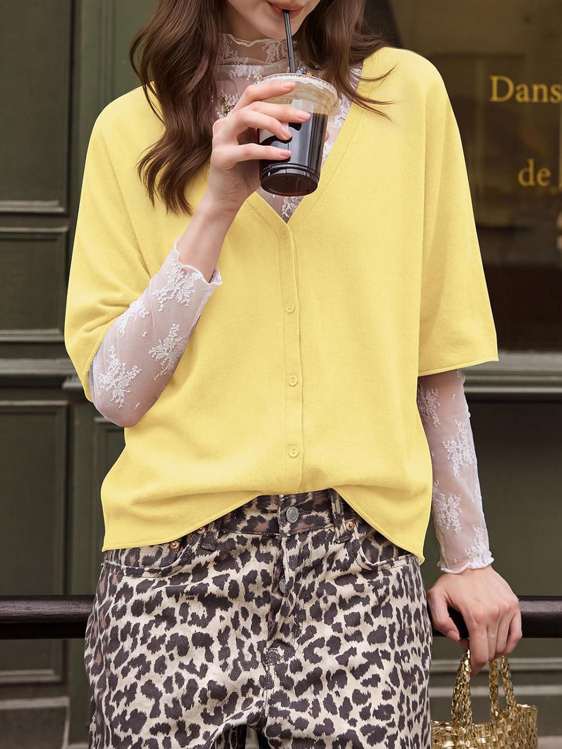 image:imageSaodimallsu Womens Oversized Cardigans Summer Batwing Half Sleeve Lightweight Knit Button V Neck Casual Sweater TopsYellow