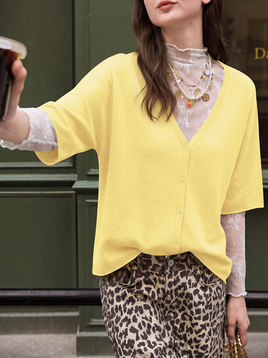 image:imageSaodimallsu Womens Oversized Cardigans Summer Batwing Half Sleeve Lightweight Knit Button V Neck Casual Sweater TopsYellow