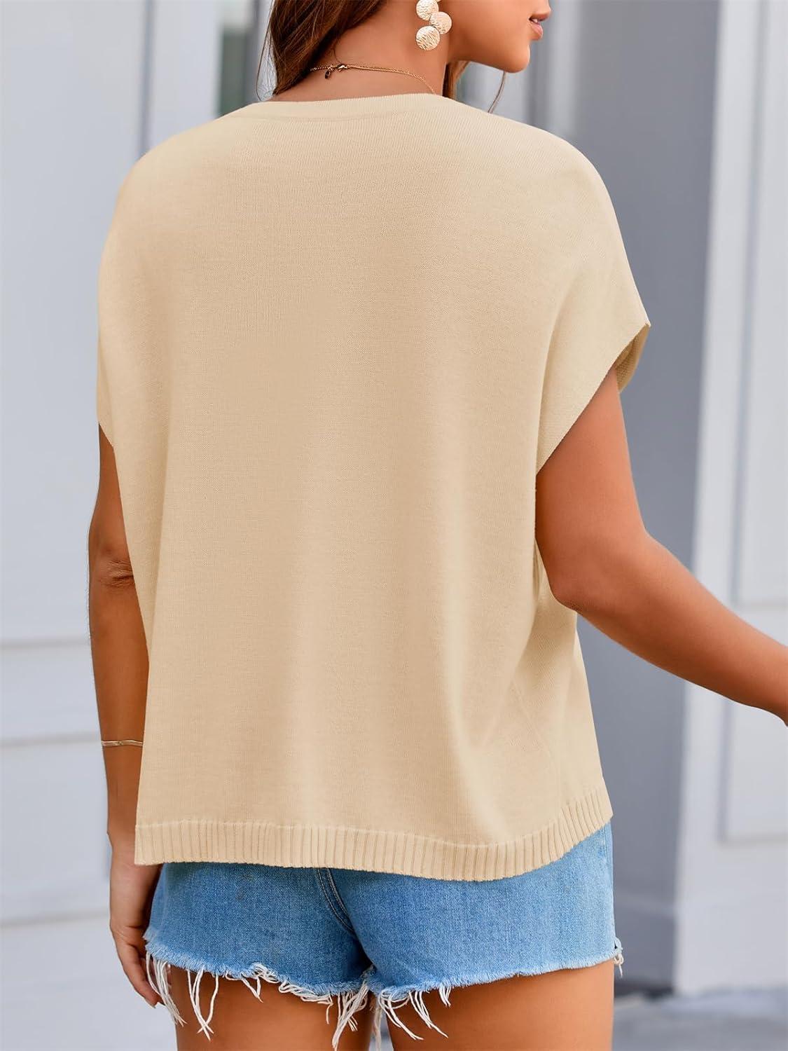 image:imageSaodimallsu Womens Oversized Cardigans Summer Short Sleeve Lightweight Knit Button Down Crew Neck Casual Sweater TopsApricot