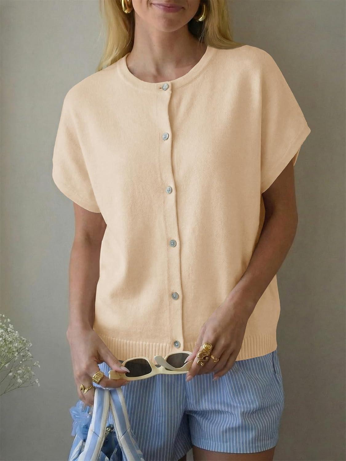 image:imageSaodimallsu Womens Oversized Cardigans Summer Short Sleeve Lightweight Knit Button Down Crew Neck Casual Sweater TopsApricot