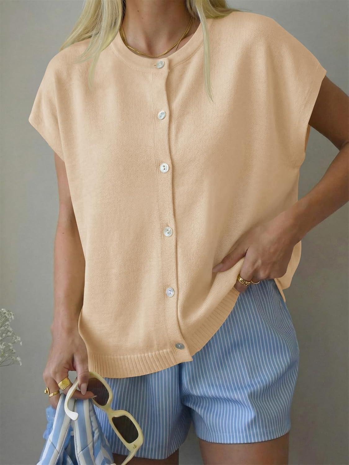 image:imageSaodimallsu Womens Oversized Cardigans Summer Short Sleeve Lightweight Knit Button Down Crew Neck Casual Sweater TopsApricot