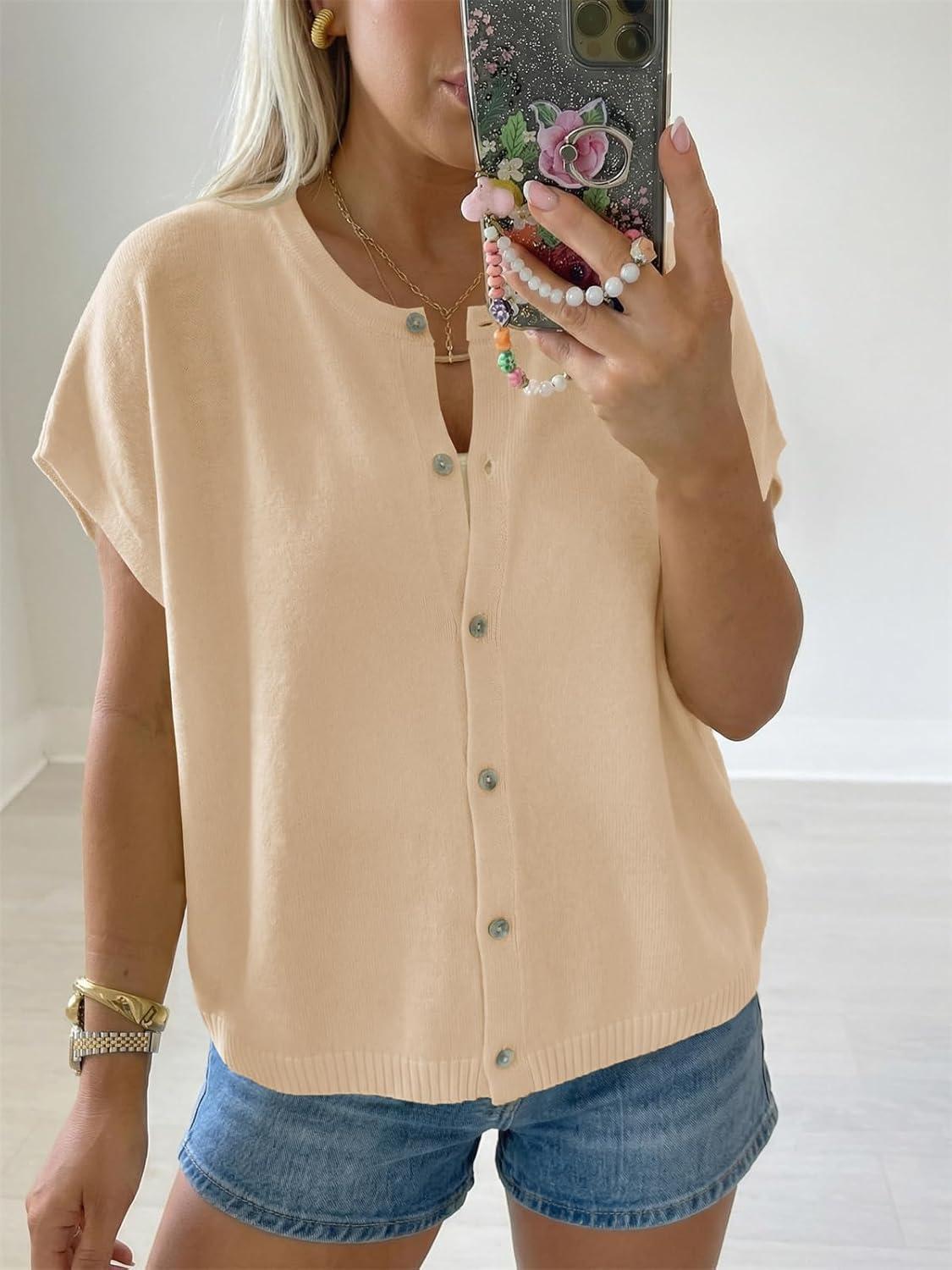 image:imageSaodimallsu Womens Oversized Cardigans Summer Short Sleeve Lightweight Knit Button Down Crew Neck Casual Sweater TopsApricot