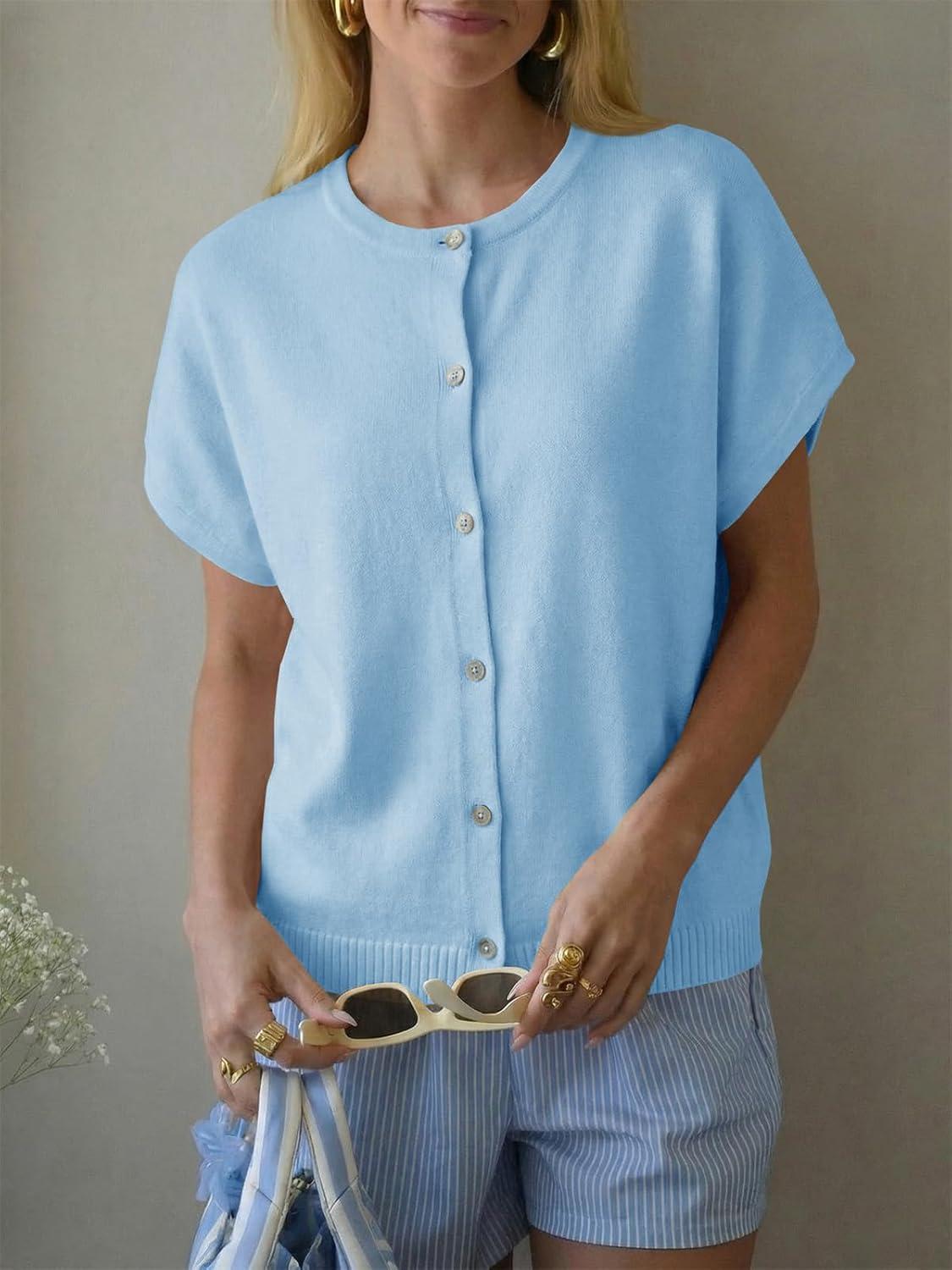 image:imageSaodimallsu Womens Oversized Cardigans Summer Short Sleeve Lightweight Knit Button Down Crew Neck Casual Sweater TopsLight Blue
