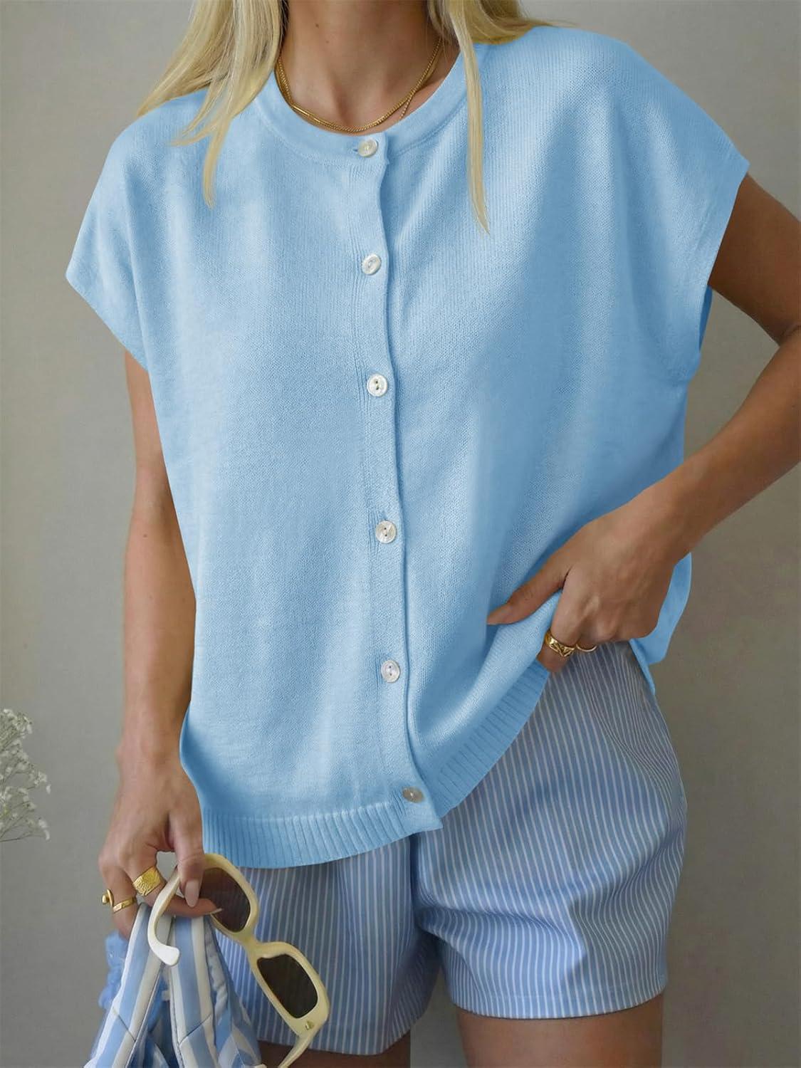 image:imageSaodimallsu Womens Oversized Cardigans Summer Short Sleeve Lightweight Knit Button Down Crew Neck Casual Sweater TopsLight Blue