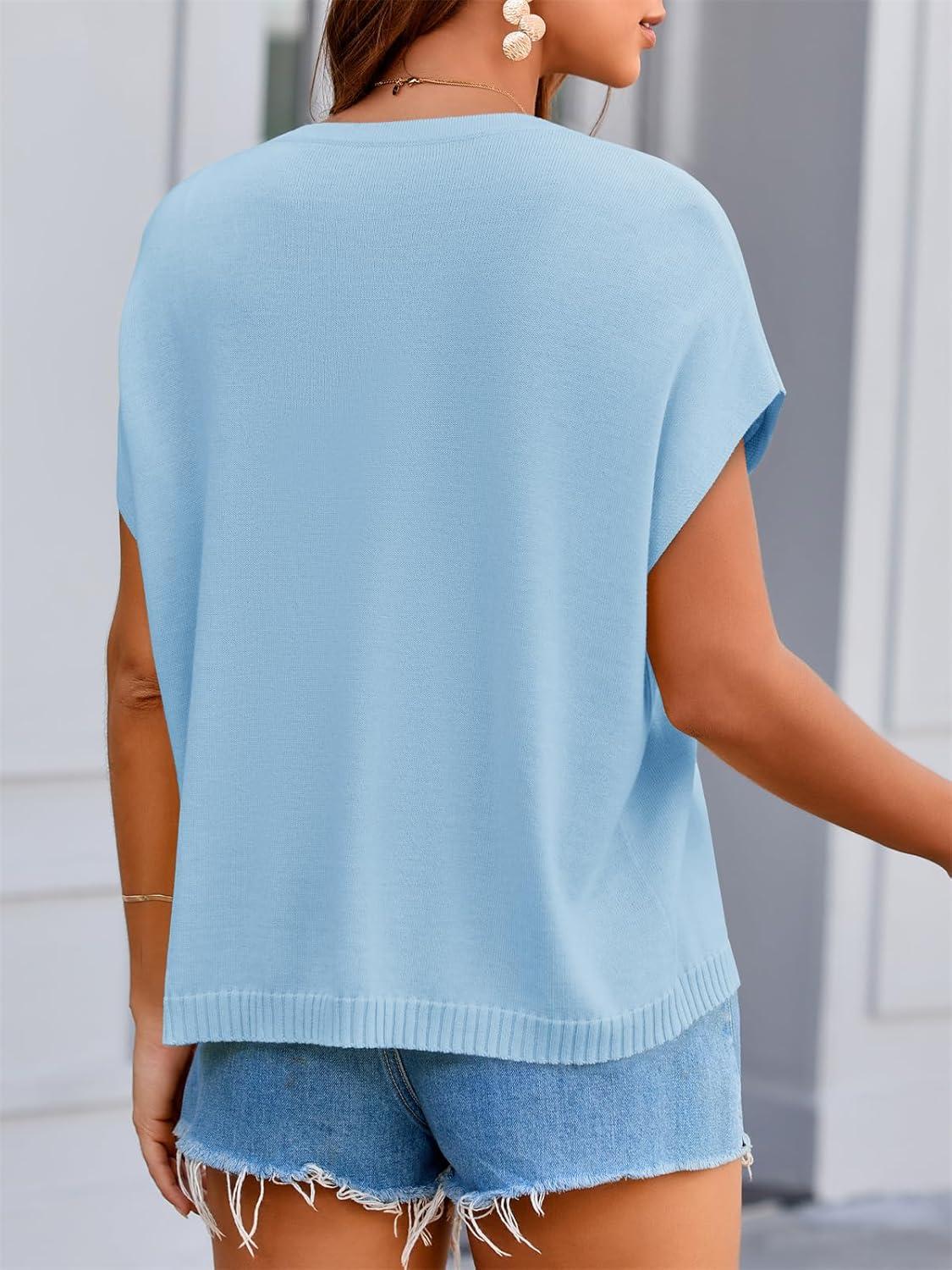 image:imageSaodimallsu Womens Oversized Cardigans Summer Short Sleeve Lightweight Knit Button Down Crew Neck Casual Sweater TopsLight Blue