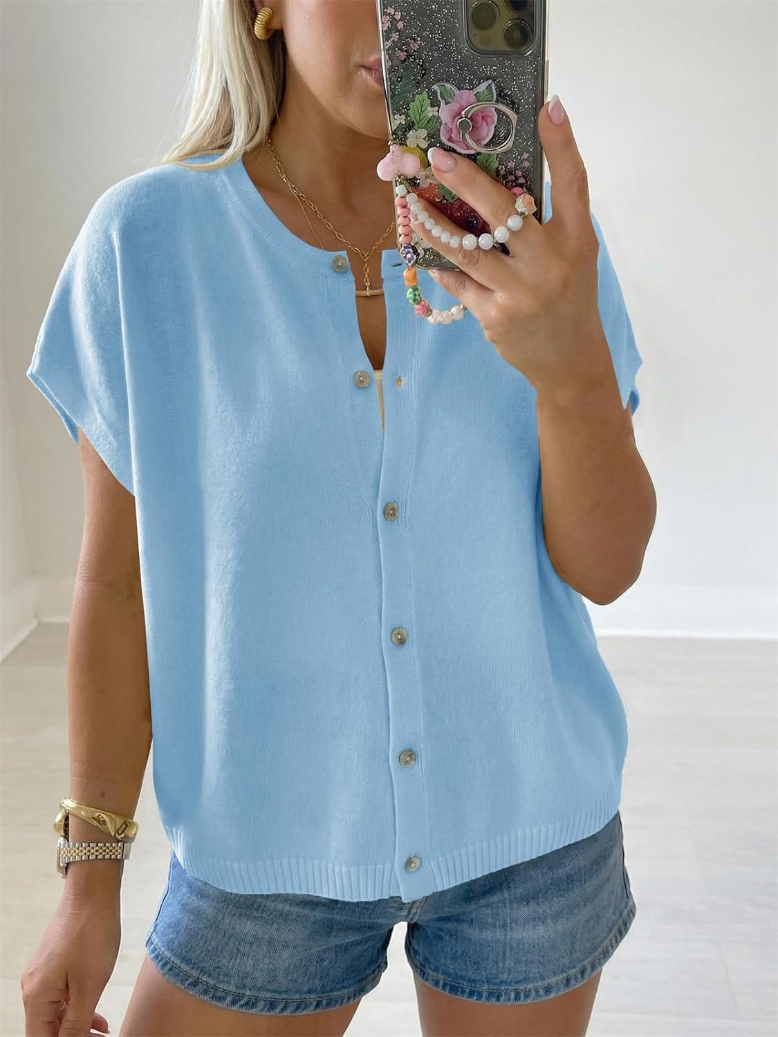 image:imageSaodimallsu Womens Oversized Cardigans Summer Short Sleeve Lightweight Knit Button Down Crew Neck Casual Sweater TopsLight Blue