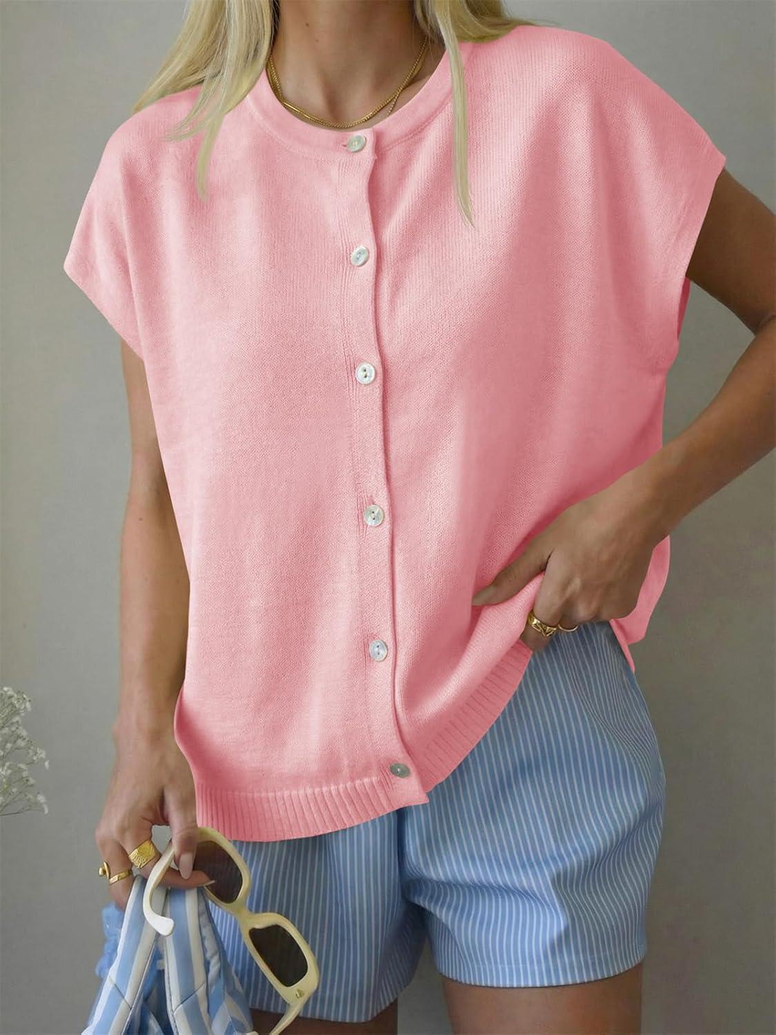 image:imageSaodimallsu Womens Oversized Cardigans Summer Short Sleeve Lightweight Knit Button Down Crew Neck Casual Sweater TopsPink