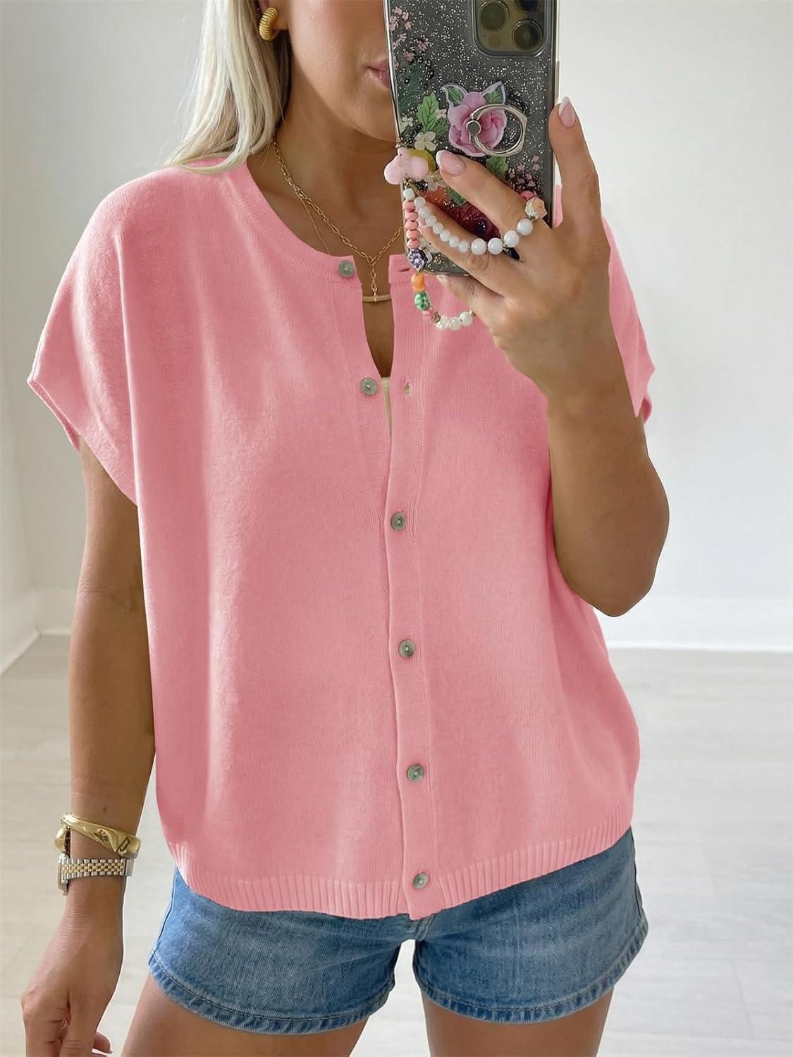 image:imageSaodimallsu Womens Oversized Cardigans Summer Short Sleeve Lightweight Knit Button Down Crew Neck Casual Sweater TopsPink