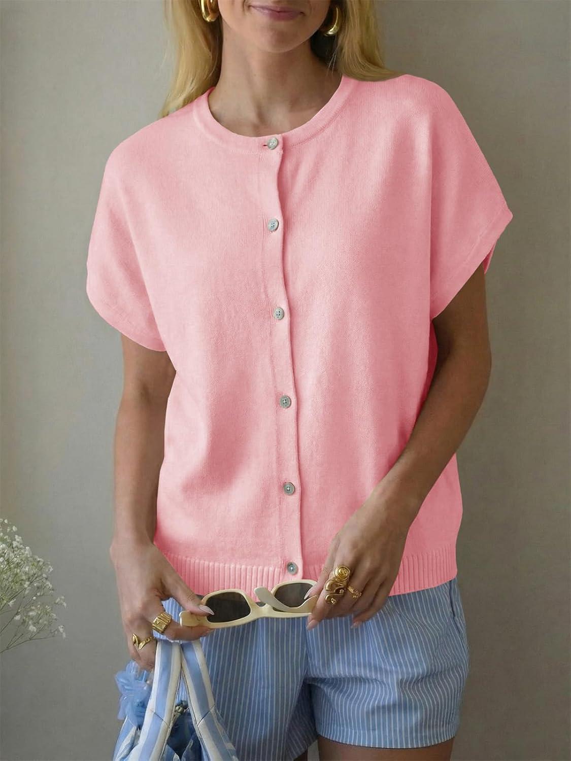 image:imageSaodimallsu Womens Oversized Cardigans Summer Short Sleeve Lightweight Knit Button Down Crew Neck Casual Sweater TopsPink