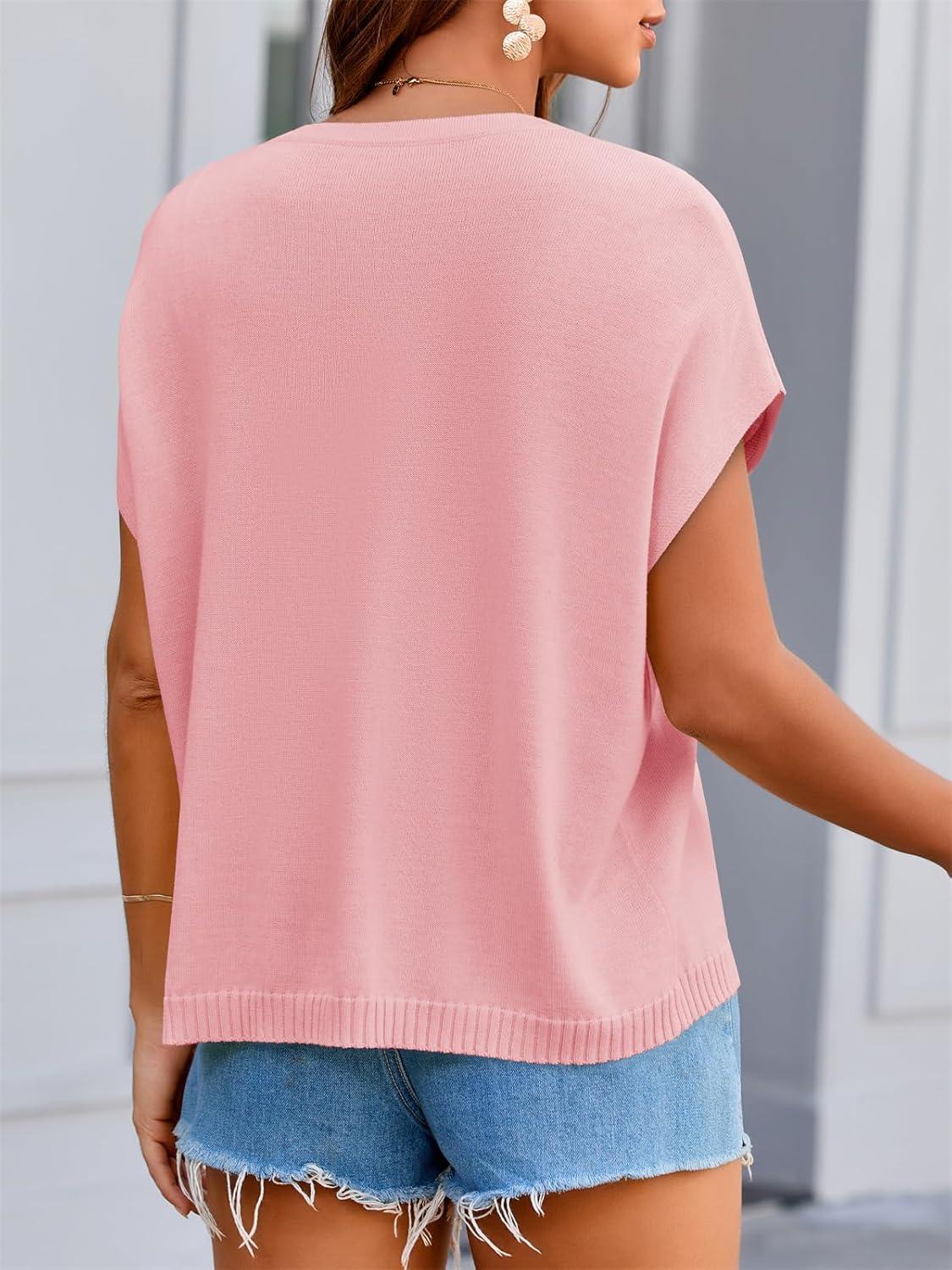 image:imageSaodimallsu Womens Oversized Cardigans Summer Short Sleeve Lightweight Knit Button Down Crew Neck Casual Sweater TopsPink