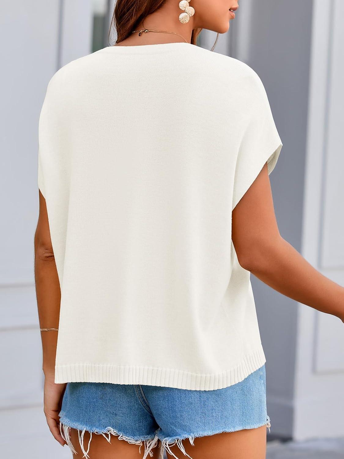 image:imageSaodimallsu Womens Oversized Cardigans Summer Short Sleeve Lightweight Knit Button Down Crew Neck Casual Sweater TopsWhite