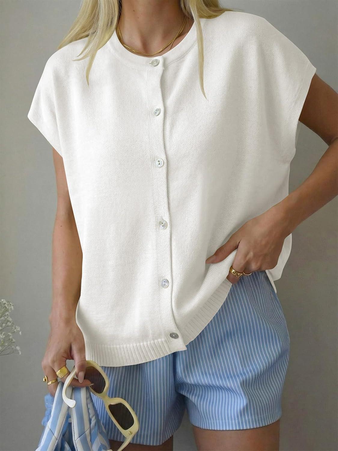 image:imageSaodimallsu Womens Oversized Cardigans Summer Short Sleeve Lightweight Knit Button Down Crew Neck Casual Sweater TopsWhite