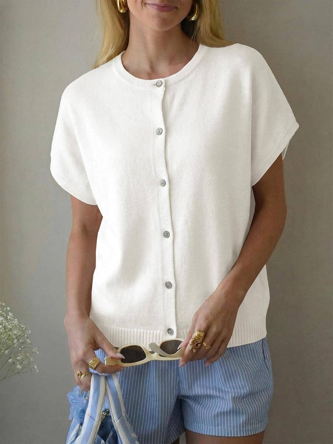image:imageSaodimallsu Womens Oversized Cardigans Summer Short Sleeve Lightweight Knit Button Down Crew Neck Casual Sweater TopsWhite