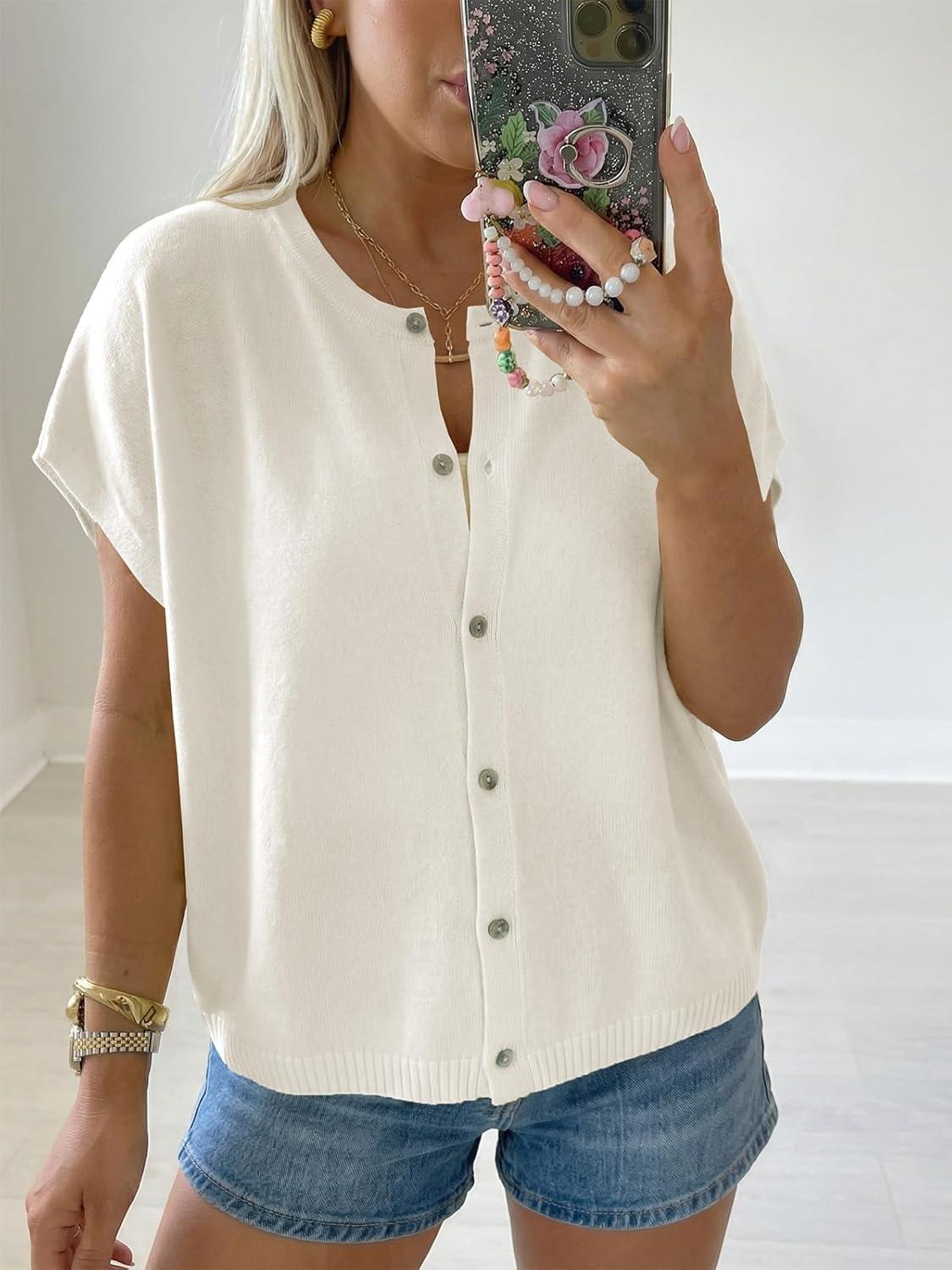 image:imageSaodimallsu Womens Oversized Cardigans Summer Short Sleeve Lightweight Knit Button Down Crew Neck Casual Sweater TopsWhite