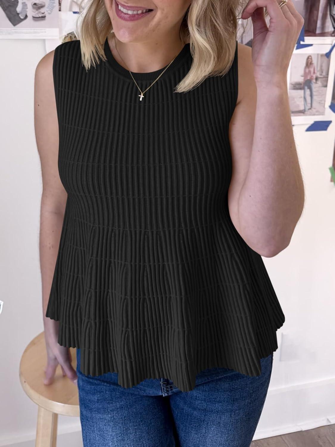 image:imageSaodimallsu Womens Peplum Ribbed Tank Tops Cute Sleeveless Knit Ruffle Crew Neck 2026 Summer Sweater VestBlack