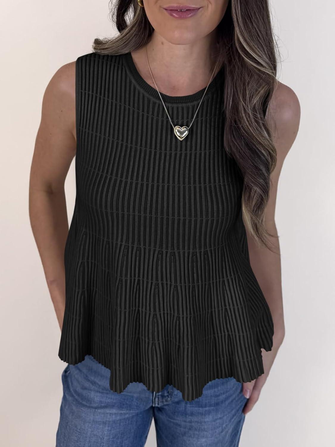 image:imageSaodimallsu Womens Peplum Ribbed Tank Tops Cute Sleeveless Knit Ruffle Crew Neck 2026 Summer Sweater VestBlack