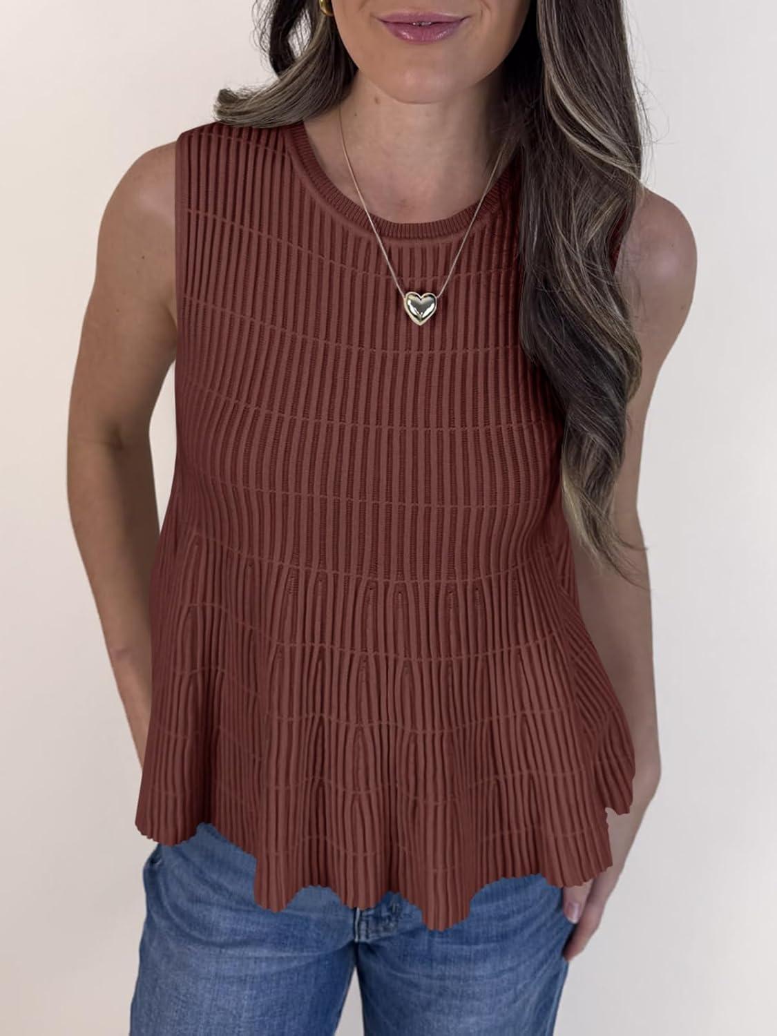 image:imageSaodimallsu Womens Peplum Ribbed Tank Tops Cute Sleeveless Knit Ruffle Crew Neck 2026 Summer Sweater VestCoffee