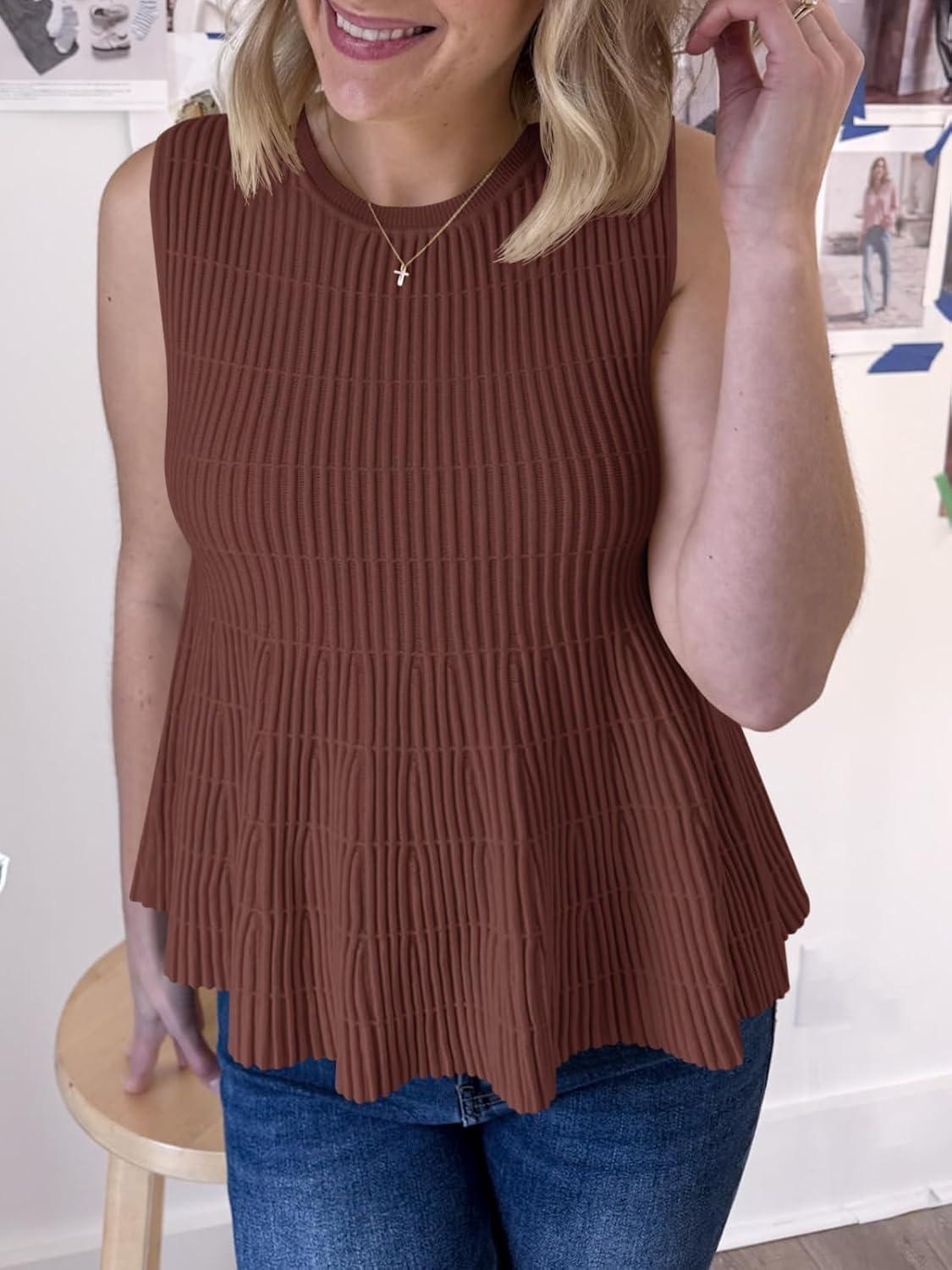 image:imageSaodimallsu Womens Peplum Ribbed Tank Tops Cute Sleeveless Knit Ruffle Crew Neck 2026 Summer Sweater VestCoffee