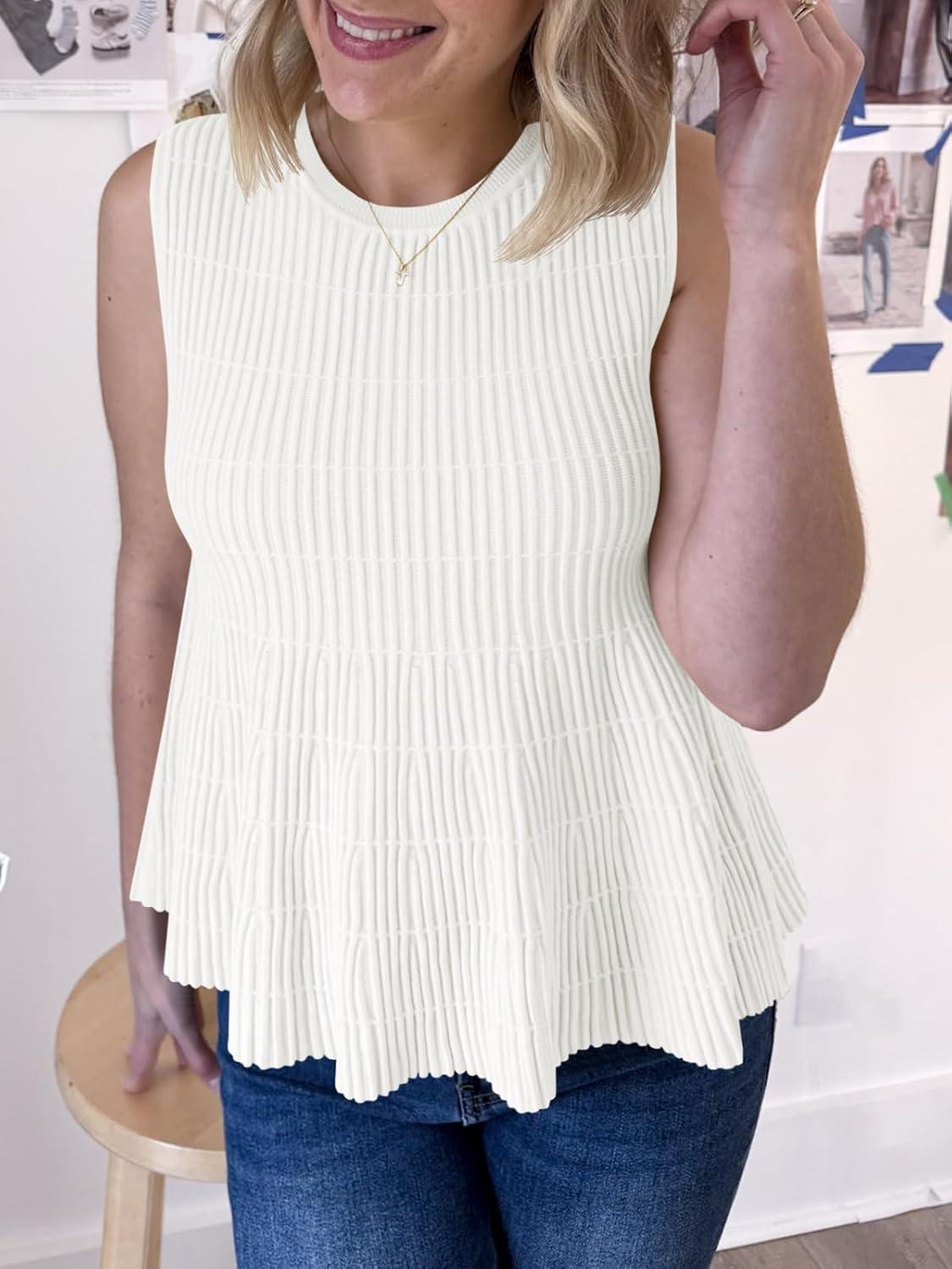 image:imageSaodimallsu Womens Peplum Ribbed Tank Tops Cute Sleeveless Knit Ruffle Crew Neck 2026 Summer Sweater VestWhite
