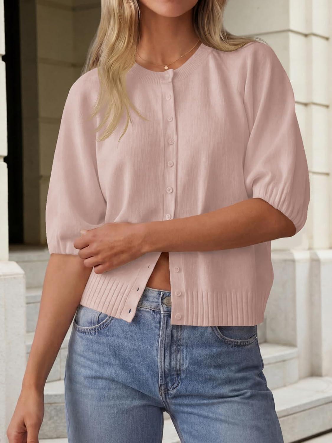 image:imageSaodimallsu Womens Puff Half Sleeve Cardigan Lightweight Knit 2026 Spring Summer Crew Neck Button Down Sweater TopsLight Pink