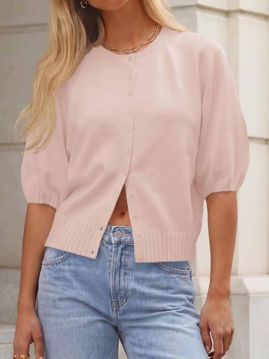 image:imageSaodimallsu Womens Puff Half Sleeve Cardigan Lightweight Knit 2026 Spring Summer Crew Neck Button Down Sweater TopsLight Pink