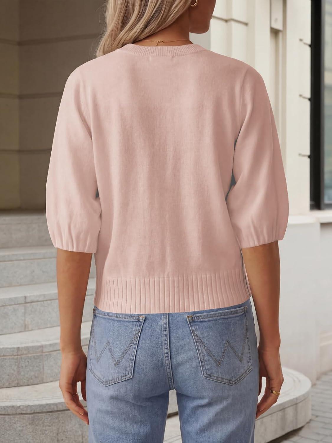 image:imageSaodimallsu Womens Puff Half Sleeve Cardigan Lightweight Knit 2026 Spring Summer Crew Neck Button Down Sweater TopsLight Pink