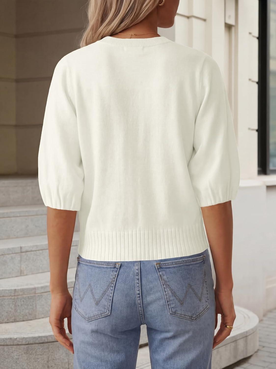 image:imageSaodimallsu Womens Puff Half Sleeve Cardigan Lightweight Knit 2026 Spring Summer Crew Neck Button Down Sweater TopsWhite