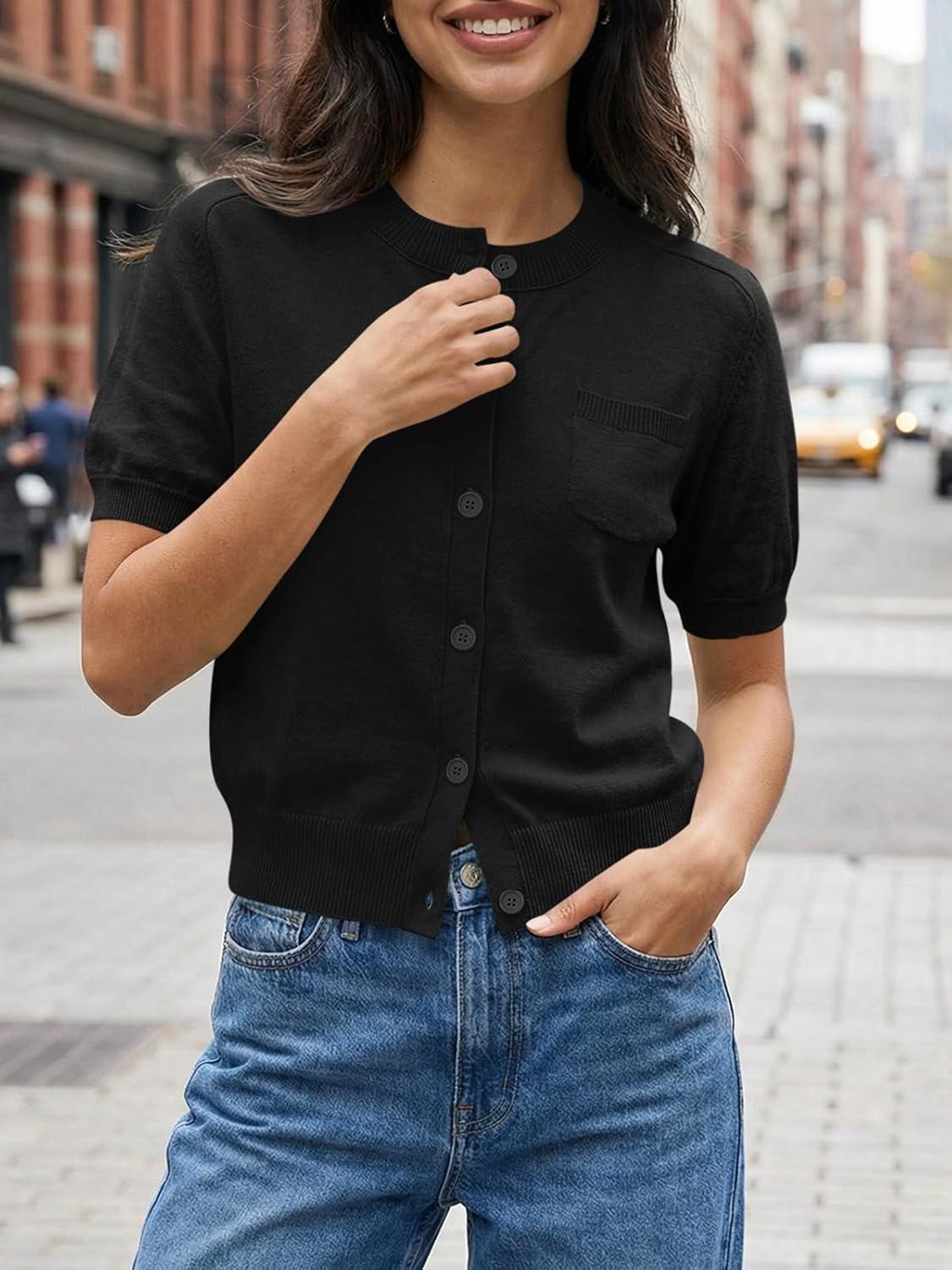 image:imageSaodimallsu Womens Puff Short Sleeve Cardigans Crew Neck Button Down Lightweight Casual Summer Knit Sweater TopsBlack