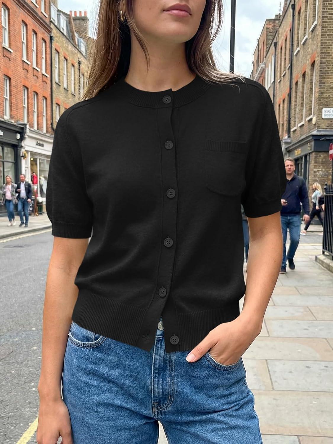 image:imageSaodimallsu Womens Puff Short Sleeve Cardigans Crew Neck Button Down Lightweight Casual Summer Knit Sweater TopsBlack