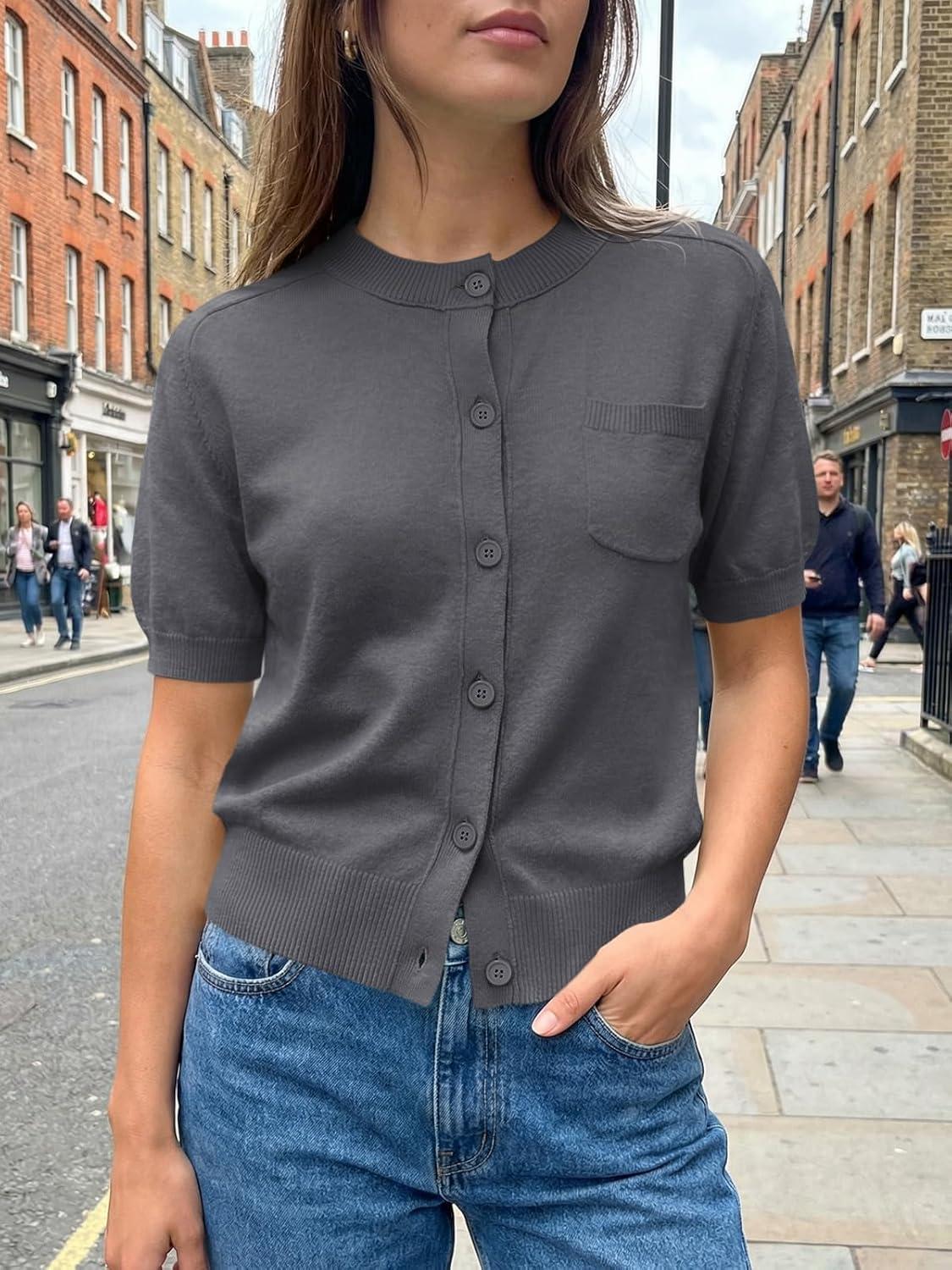 image:imageSaodimallsu Womens Puff Short Sleeve Cardigans Crew Neck Button Down Lightweight Casual Summer Knit Sweater TopsDark Gray