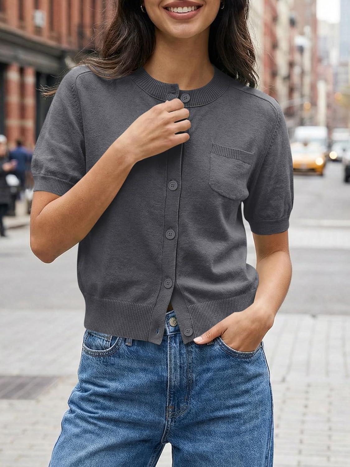 image:imageSaodimallsu Womens Puff Short Sleeve Cardigans Crew Neck Button Down Lightweight Casual Summer Knit Sweater TopsDark Gray
