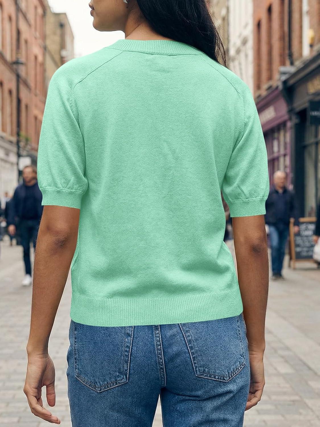 image:imageSaodimallsu Womens Puff Short Sleeve Cardigans Crew Neck Button Down Lightweight Casual Summer Knit Sweater TopsGreen