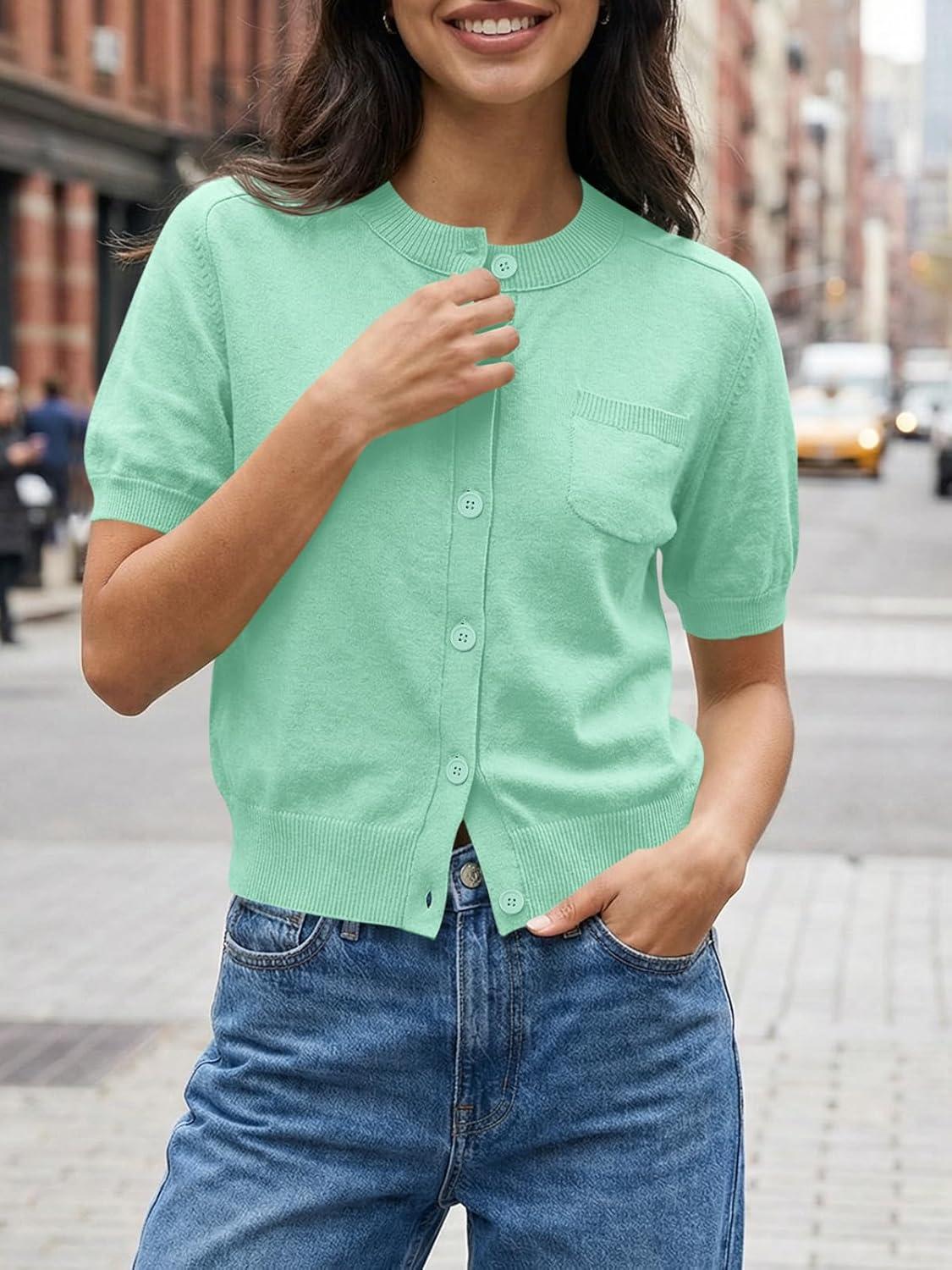 image:imageSaodimallsu Womens Puff Short Sleeve Cardigans Crew Neck Button Down Lightweight Casual Summer Knit Sweater TopsGreen