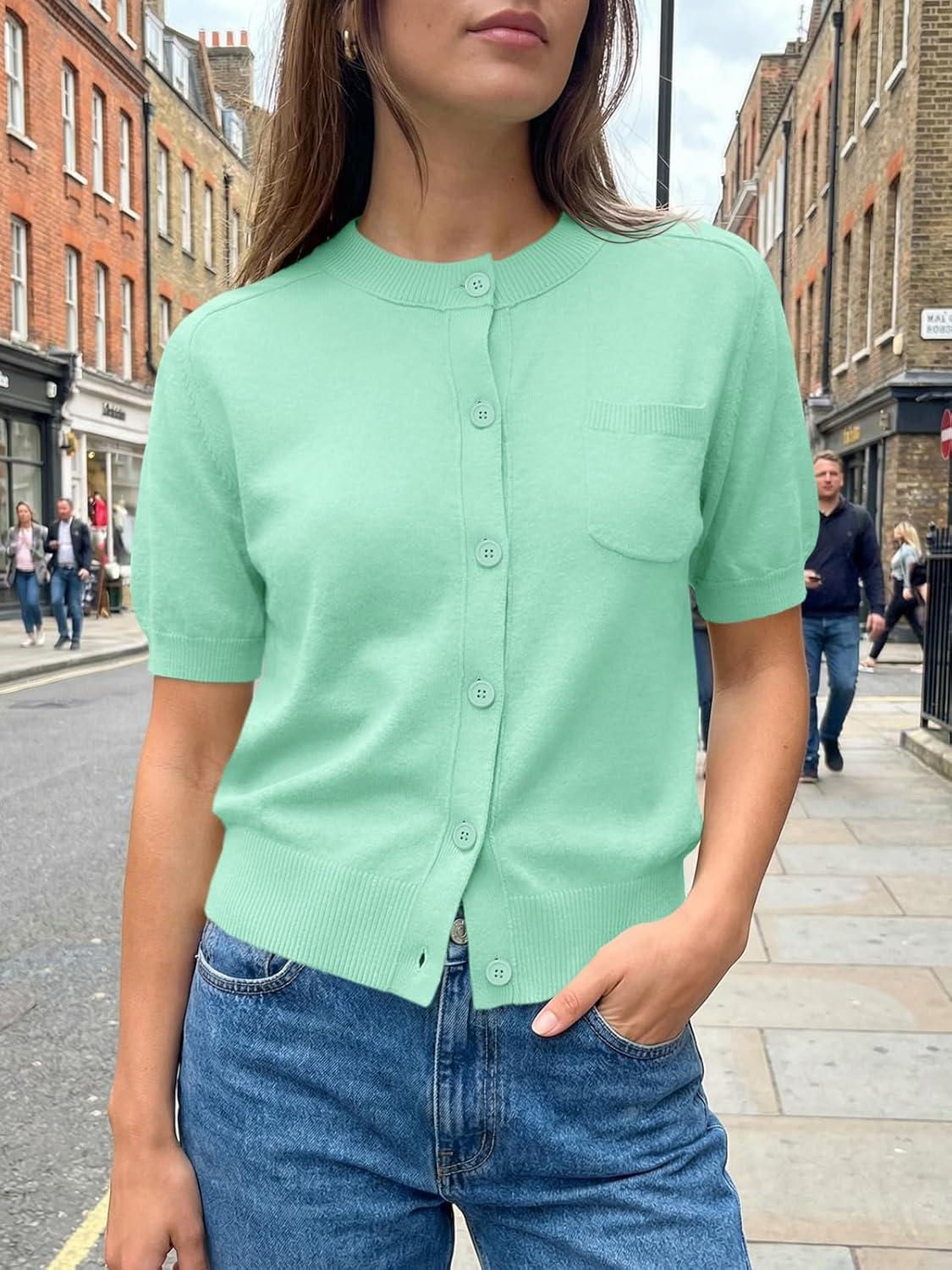 image:imageSaodimallsu Womens Puff Short Sleeve Cardigans Crew Neck Button Down Lightweight Casual Summer Knit Sweater TopsGreen