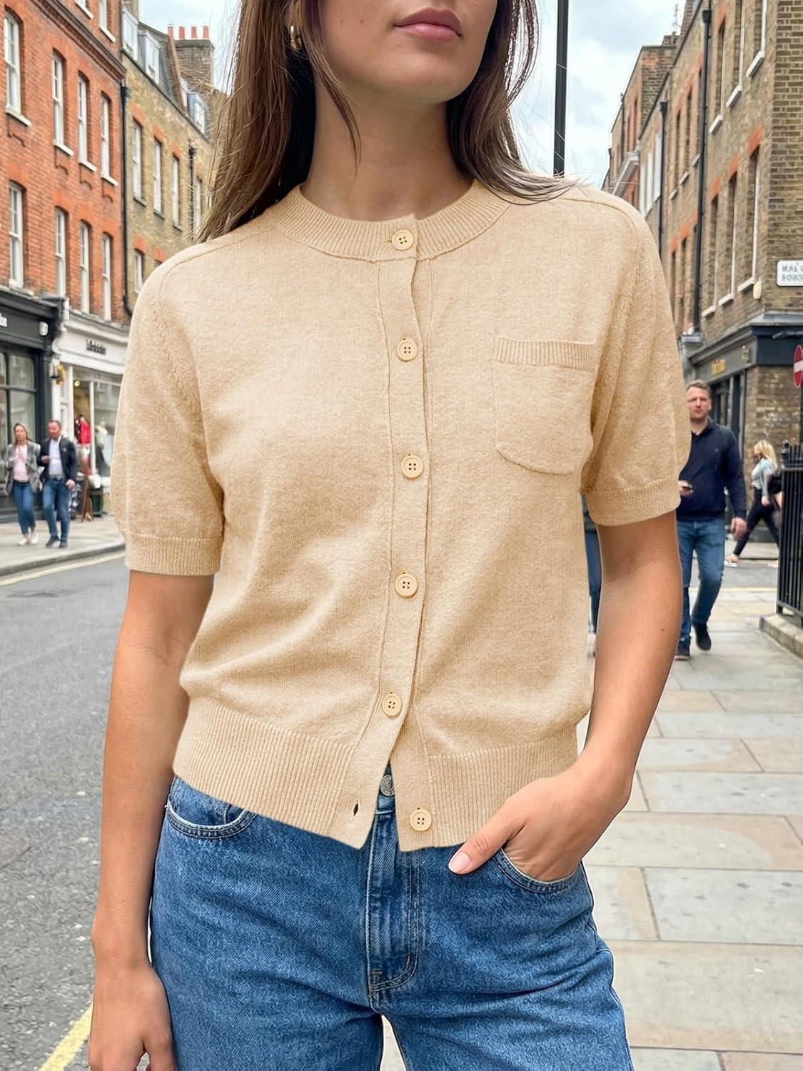 image:imageSaodimallsu Womens Puff Short Sleeve Cardigans Crew Neck Button Down Lightweight Casual Summer Knit Sweater TopsLight Khaki