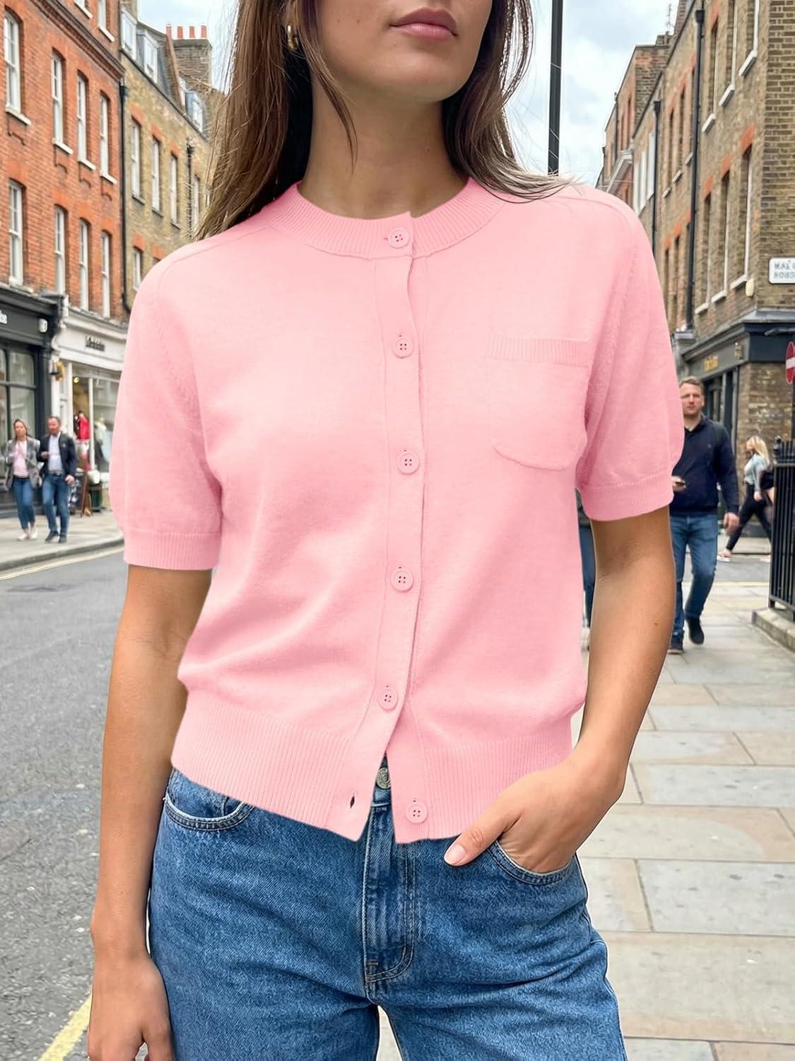 image:imageSaodimallsu Womens Puff Short Sleeve Cardigans Crew Neck Button Down Lightweight Casual Summer Knit Sweater TopsPink
