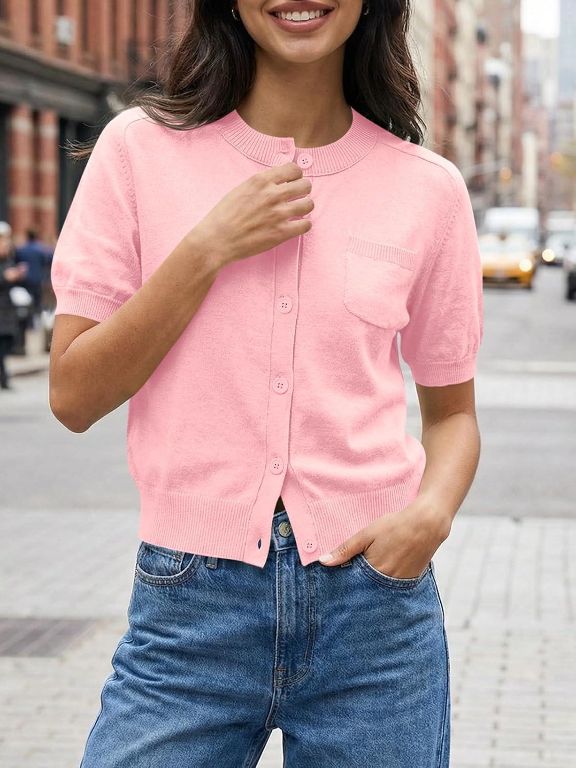 image:imageSaodimallsu Womens Puff Short Sleeve Cardigans Crew Neck Button Down Lightweight Casual Summer Knit Sweater TopsPink