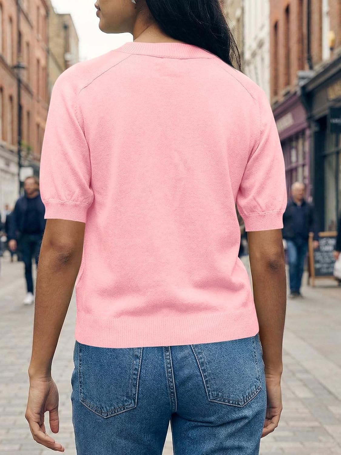 image:imageSaodimallsu Womens Puff Short Sleeve Cardigans Crew Neck Button Down Lightweight Casual Summer Knit Sweater TopsPink